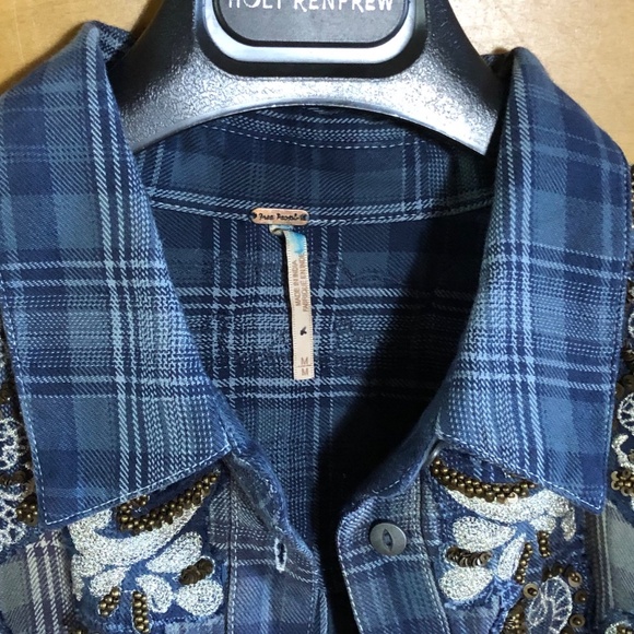 Free People Stevie's Embellished Plaid Shirt Tunic in blue size M - Picture 9 of 11
